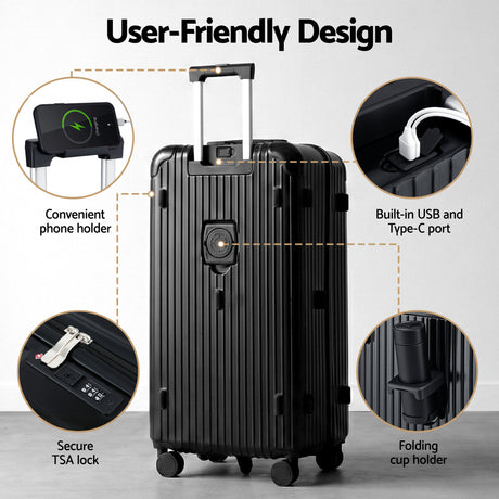 Wanderlite 28" Trunk Luggage Suitcase Travel 5 Wheels Type-C Port TSA Black.