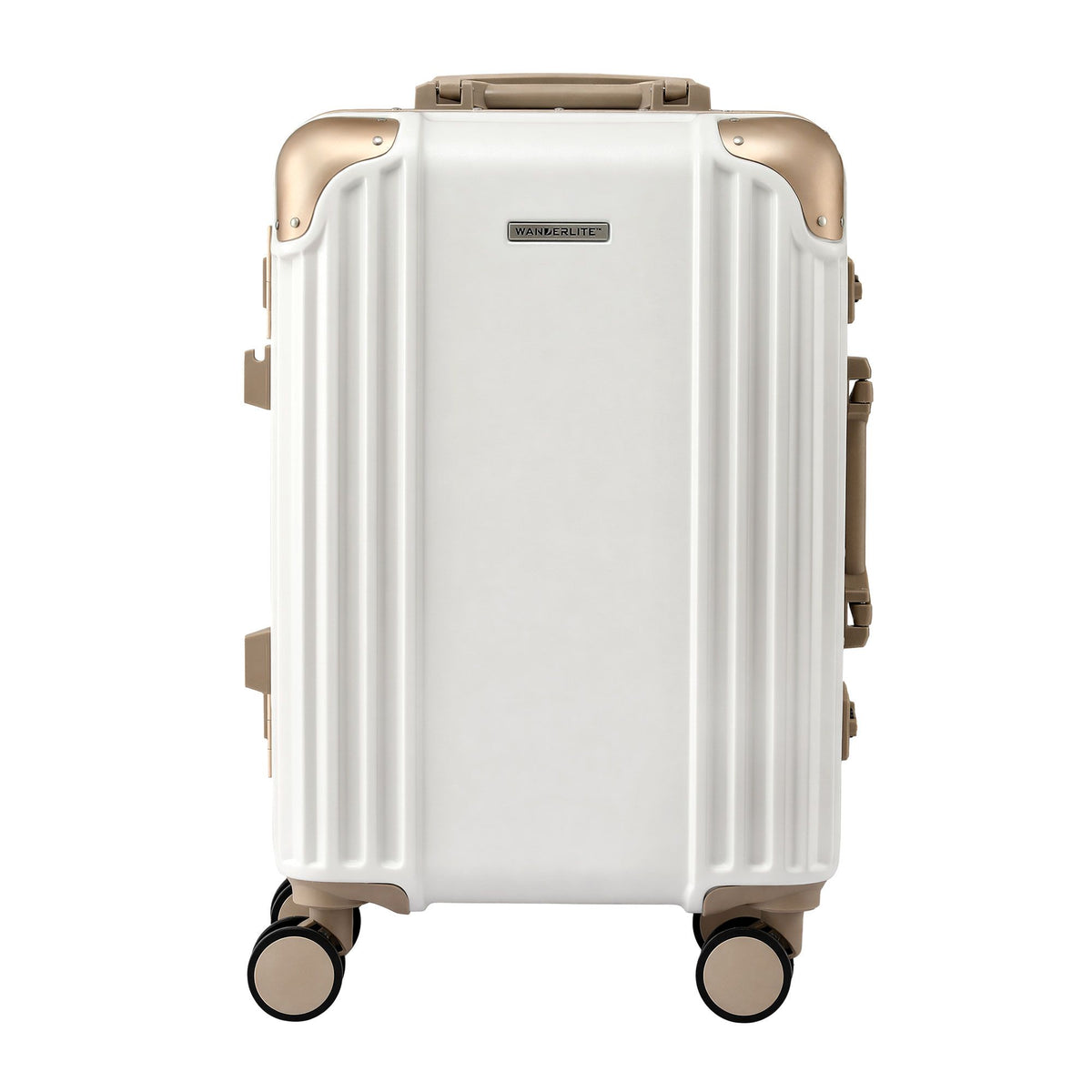 Wanderlite white aluminium lock spinner wheels.