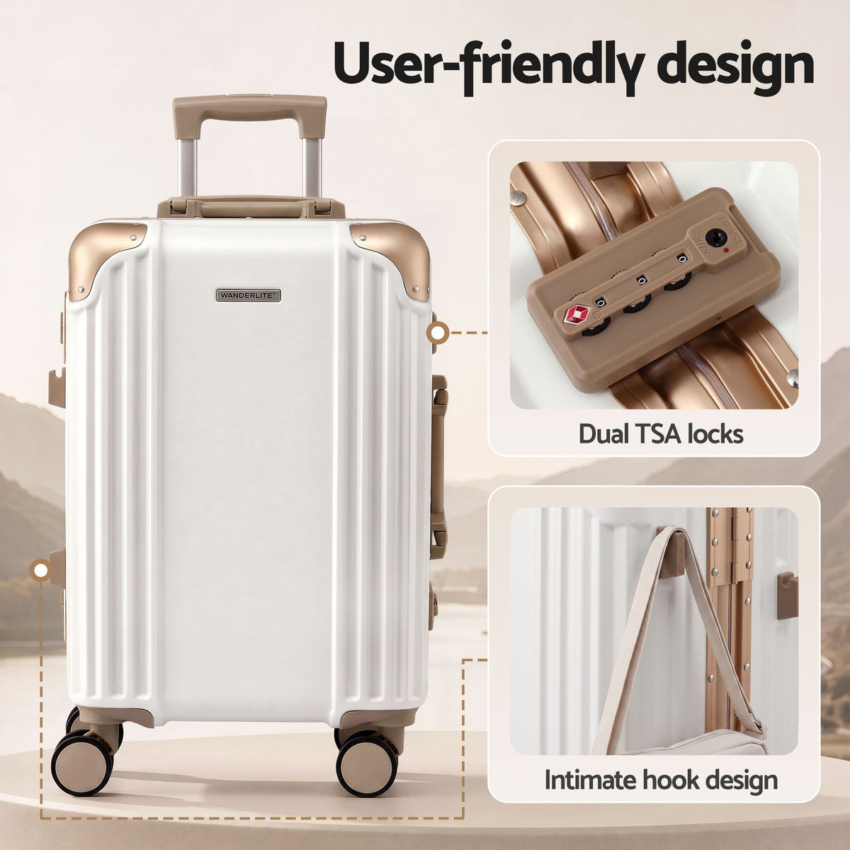 Wanderlite white aluminium lock spinner wheels.