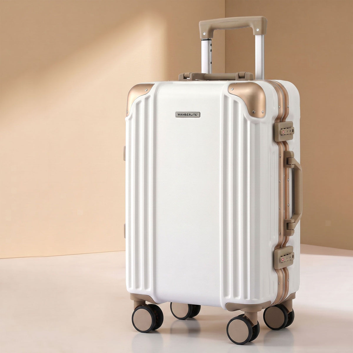 Wanderlite white aluminium lock spinner wheels.