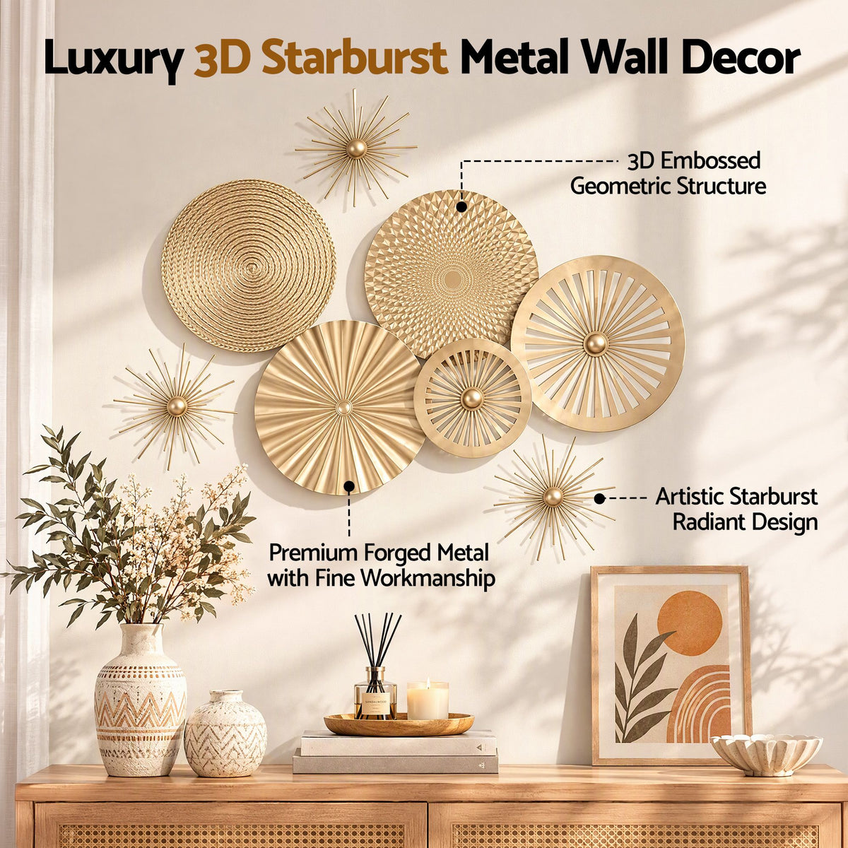 Artiss 8 Pieces Gold Metal Wall Decor Set 3D Starburst Round Disc Sculptures Flexible DIY Layout.