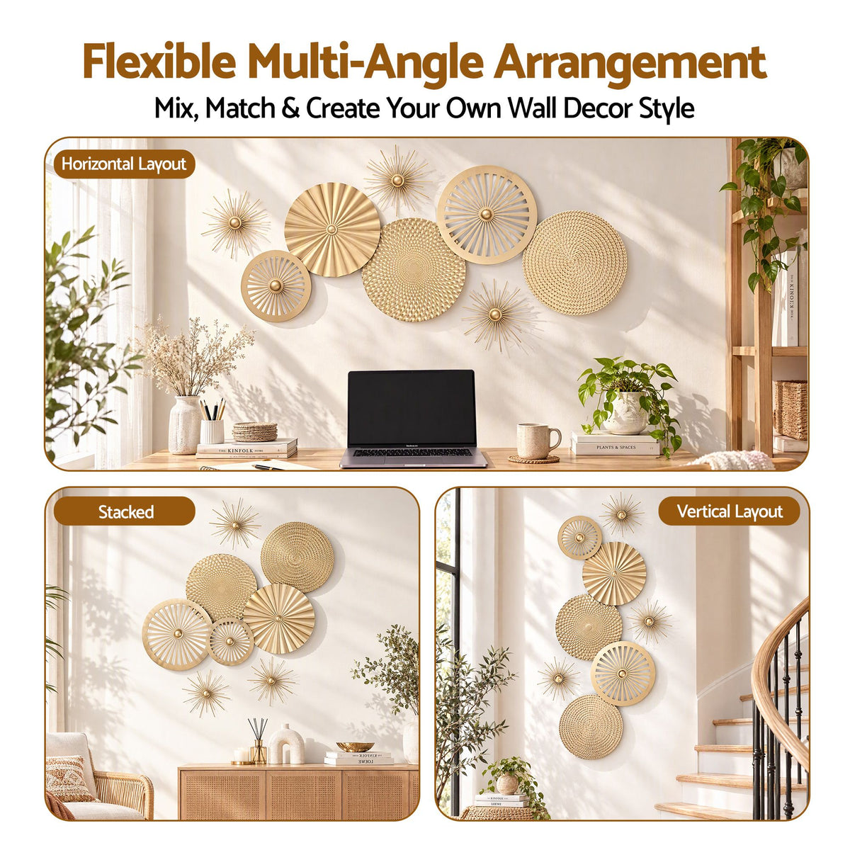 Artiss 8 Pieces Gold Metal Wall Decor Set 3D Starburst Round Disc Sculptures Flexible DIY Layout.