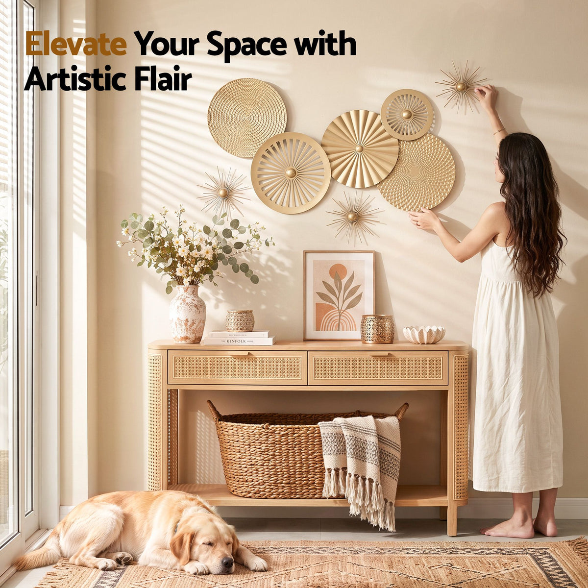 Artiss 8 Pieces Gold Metal Wall Decor Set 3D Starburst Round Disc Sculptures Flexible DIY Layout.