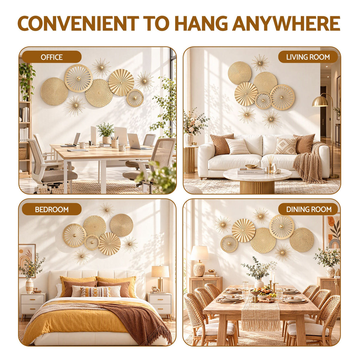 Artiss 8 Pieces Gold Metal Wall Decor Set 3D Starburst Round Disc Sculptures Flexible DIY Layout.