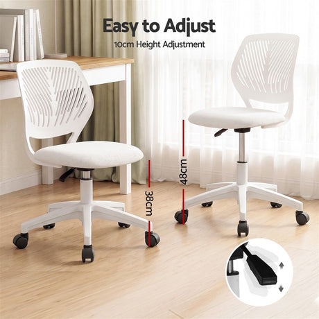 White adjustable armless study chair, height adjustable.