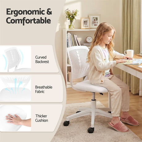 White adjustable armless study chair, height adjustable.