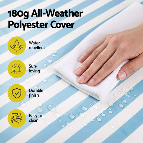 Blue chair pad, quick drying, lightweight.