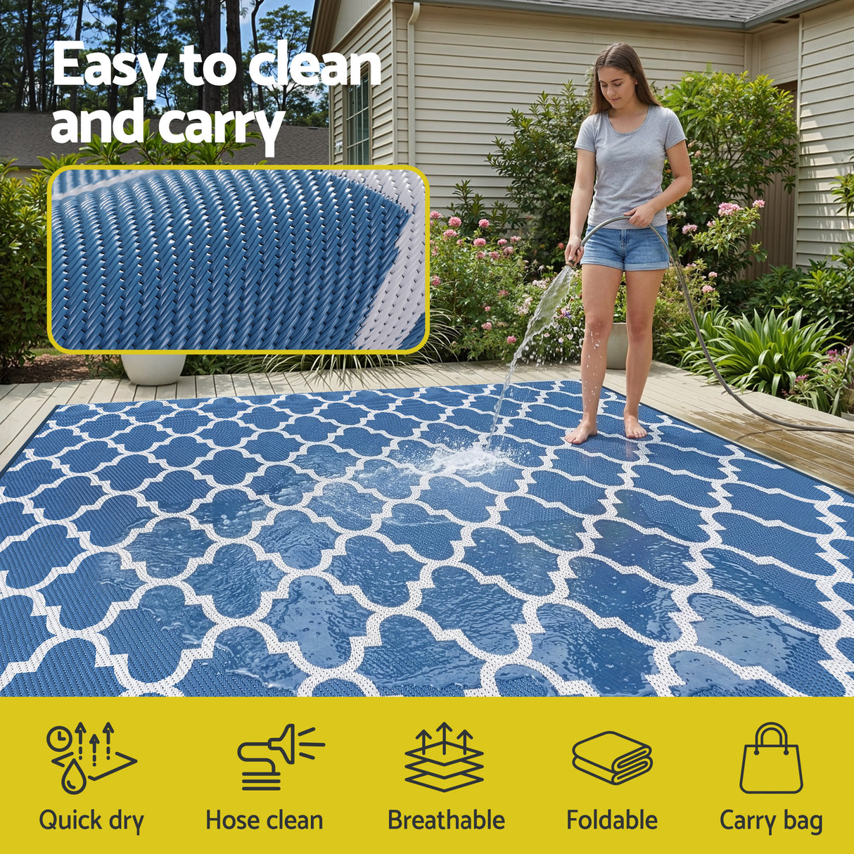 Gardeon Outdoor Rugs 274x366cm Large Carpet Reversible Area Mat PP Dual-Sided Patio Rug Blue