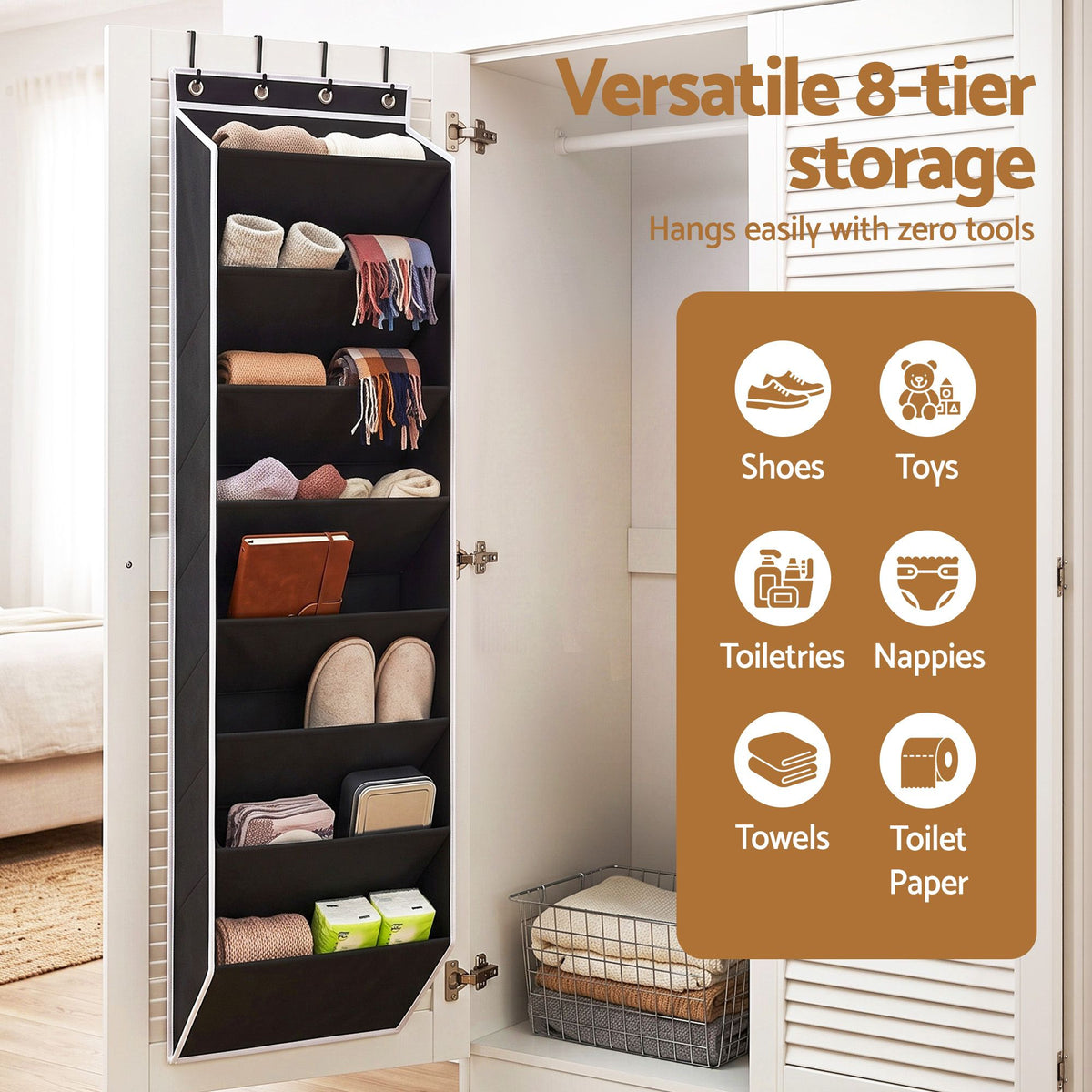 Artiss Over Door Shoe Organiser Storage X2 8-Tier Pantry Hanger Fabric Black