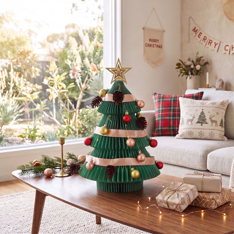 Green paper tabletop Christmas tree 47cm tall with a star topper.