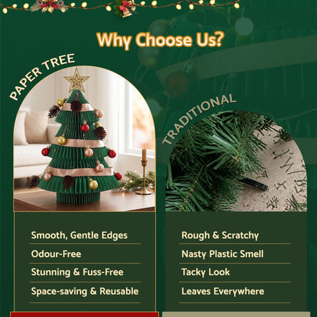 The 47cm green paper tree shown again, folds flat for storage.