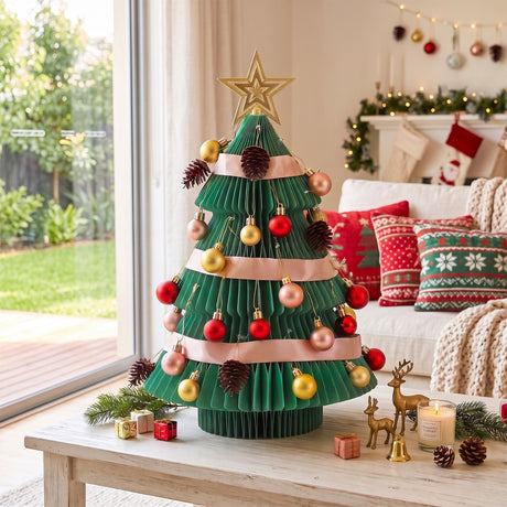 Green paper tabletop Christmas tree 61cm tall with a star topper.