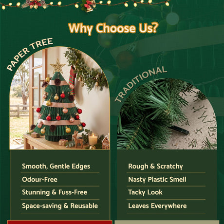 The 61cm green paper tree shown again, folds flat for storage.