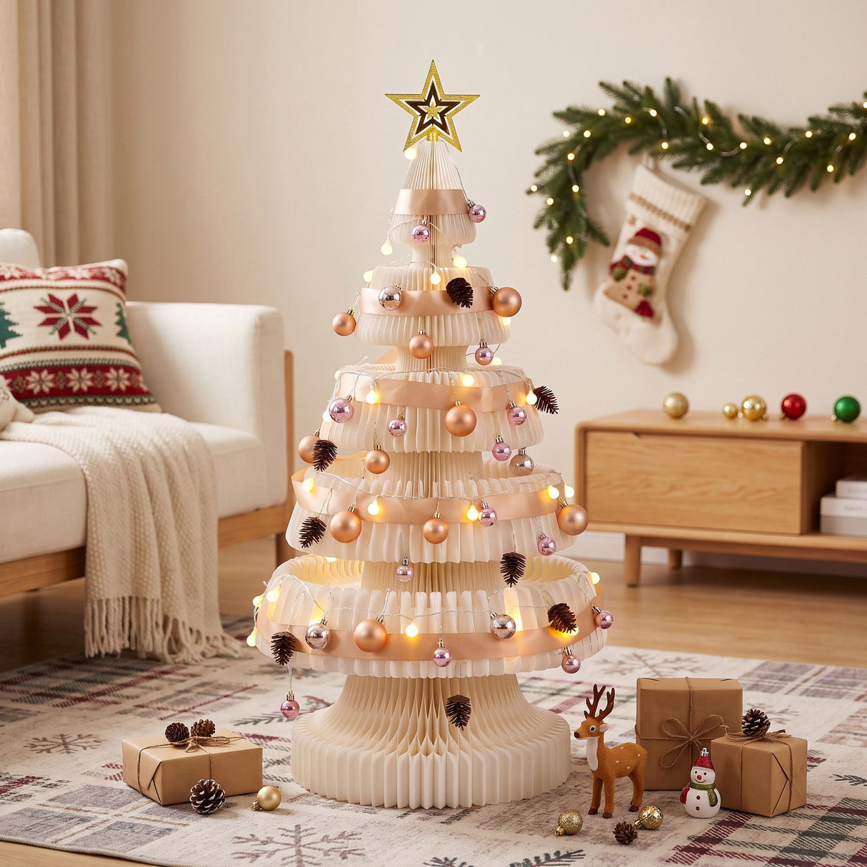 Jingle Jollys Paper Christmas Tree 114CM w/ Star Topper LEDs Xmas Decorations Kit Home Office White
