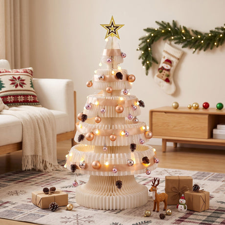 White paper Christmas tree 114cm tall with a star topper and LED lights.