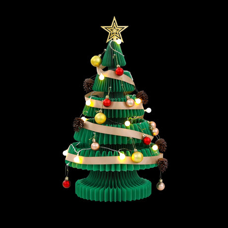 Green paper Christmas tree 62cm tall with a star topper and LED lights.