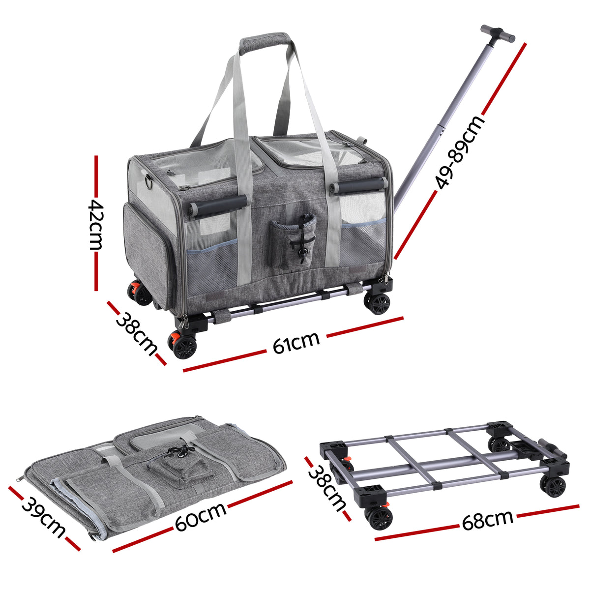 i.Pet wheeled trolley carrier with swivel wheels, grey