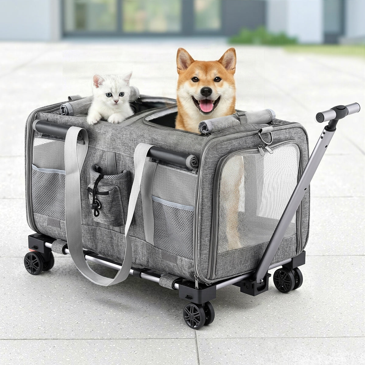 i.Pet wheeled trolley carrier with swivel wheels, grey