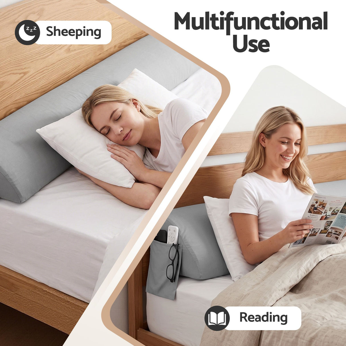 Giselle Queen Bed Wedge Pillow For Headboard, Close Gap And Stop Pillows Sliding, Perfect For Dorm Or Tatami Reading, 25D Foam Mattress Gap Filler With 2 Side Pockets, Washable 110gsm Cover