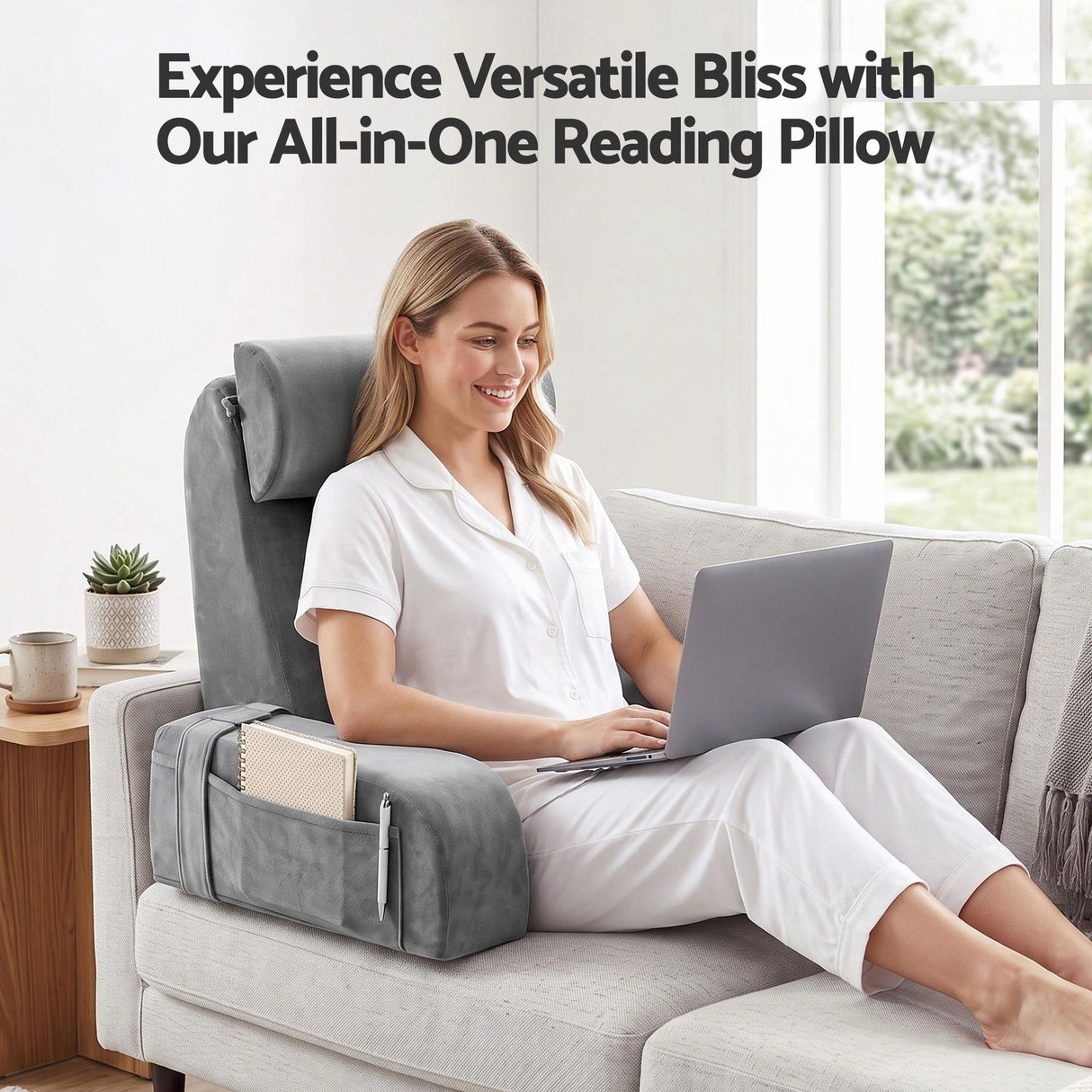 Giselle Reading Pillow For Bed With Non-Sag Solid Memory Foam, Back Pillow For Bed Sitting Up Gaming, Adjustable Neck Roll Detachable Arms And 210gsm Velvet Washable Cover