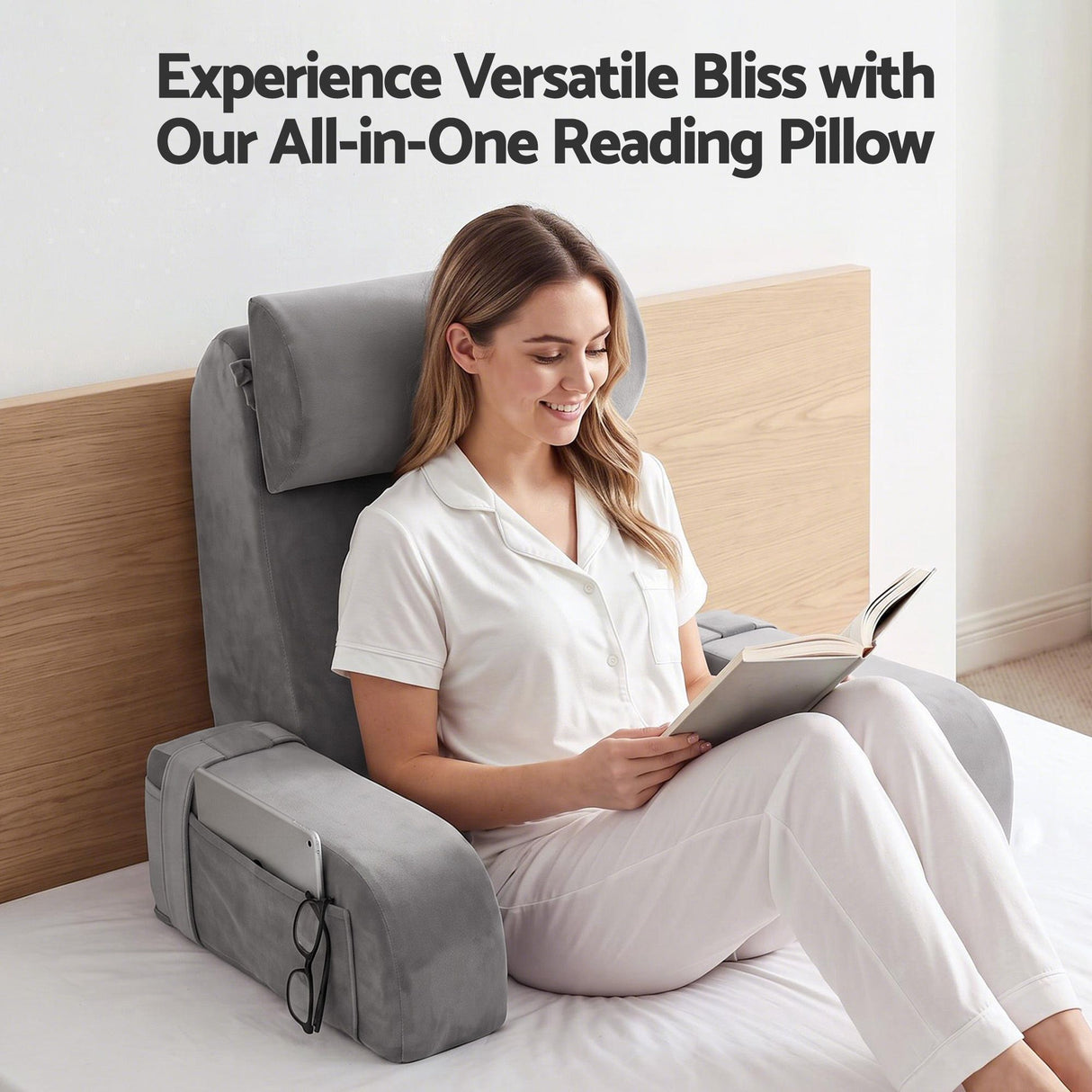 Giselle Reading Pillow For Bed With Non-Sag Solid Memory Foam, Back Pillow For Bed Sitting Up Gaming, Adjustable Neck Roll Detachable Arms And 210gsm Velvet Washable Cover
