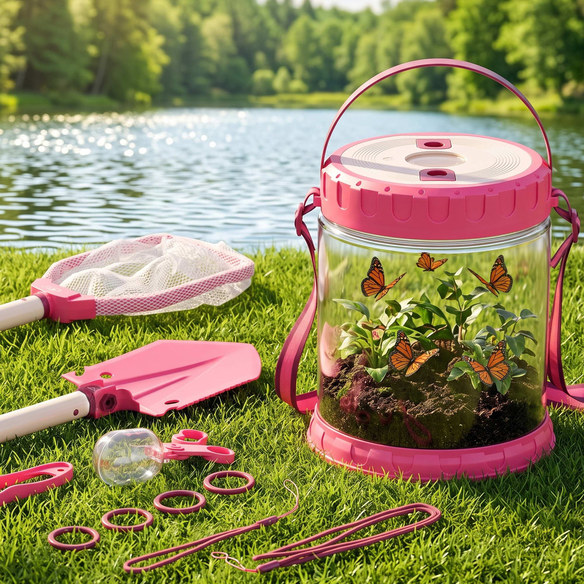 Keezi Kids Bug Catcher Kit 12pc Outdoor Explorer Toys Insect Viewer Net Shovel Pink