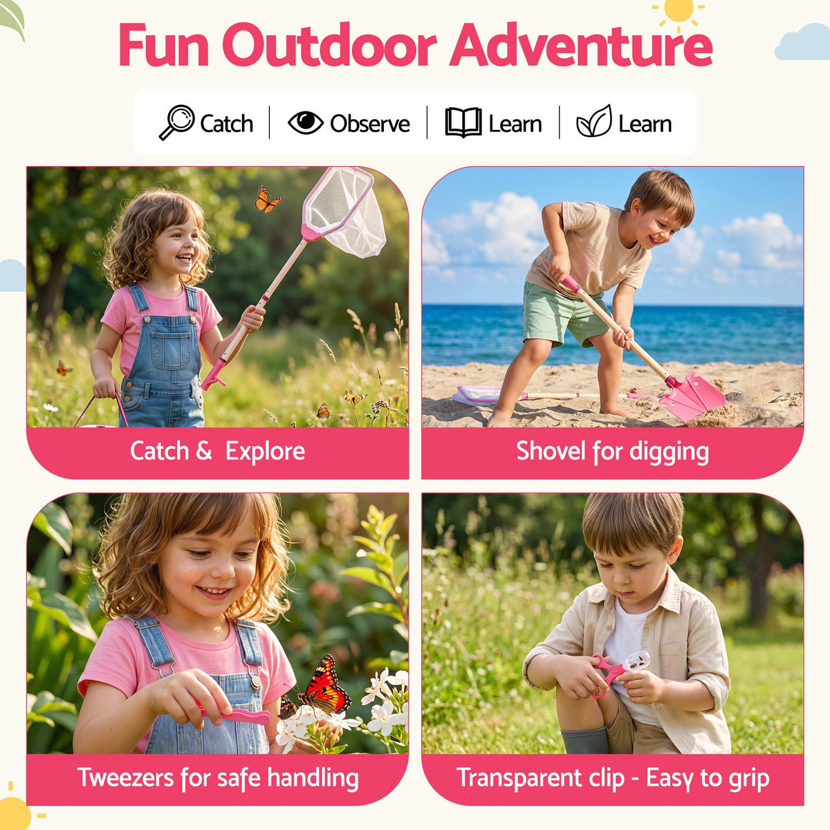 Keezi Kids Bug Catcher Kit 12pc Outdoor Explorer Toys Insect Viewer Net Shovel Pink