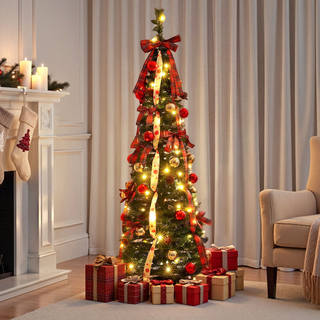 Pop-up artificial Christmas tree 160cm tall, arriving pre-decorated.