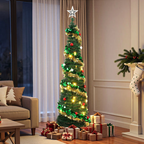 Pop-up Christmas tree 160cm tall, pre-decorated, with warm white LEDs.
