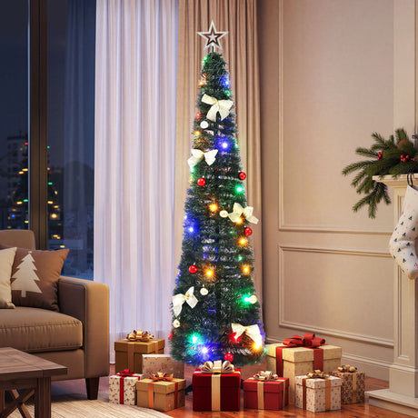 Pop-up Christmas tree 155cm tall, pre-decorated, with multicoloured LEDs.