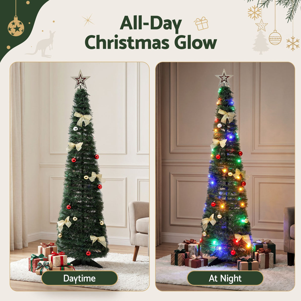 Jingle Jollys Pop Up Christmas Tree Pre Decorated Multicolour LED 155cm