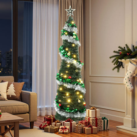 Pop-up Christmas tree 155cm tall, pre-decorated, with warm white LEDs.