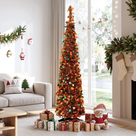 Pop-up Christmas tree 160cm tall decorated with golden maple leaves.