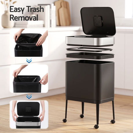 Cefito 40L Press Top Trash Can Kitchen Rubbish Bin Stainless Steel Black.