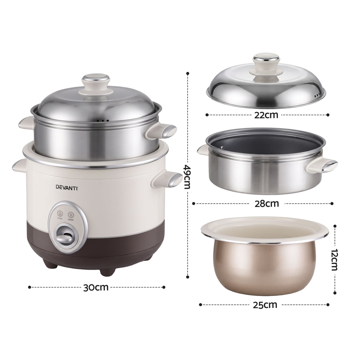 Devanti 3L Rice Cooker Small 6 Cup Multi Cooker with Steamer