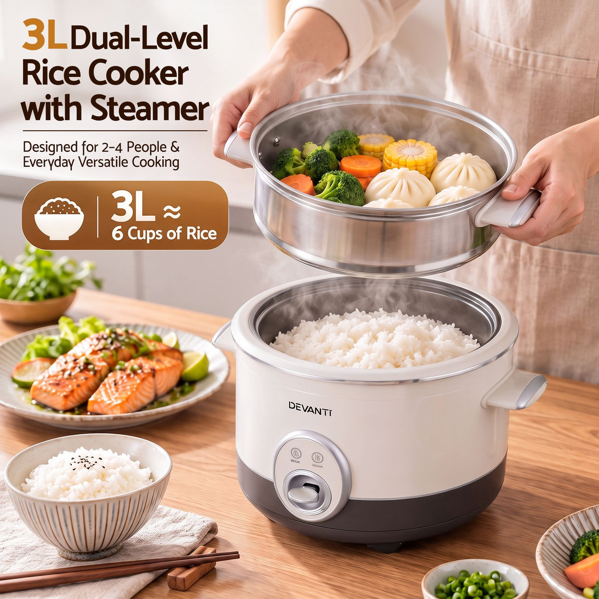 Devanti 3L Rice Cooker Small 6 Cup Multi Cooker with Steamer