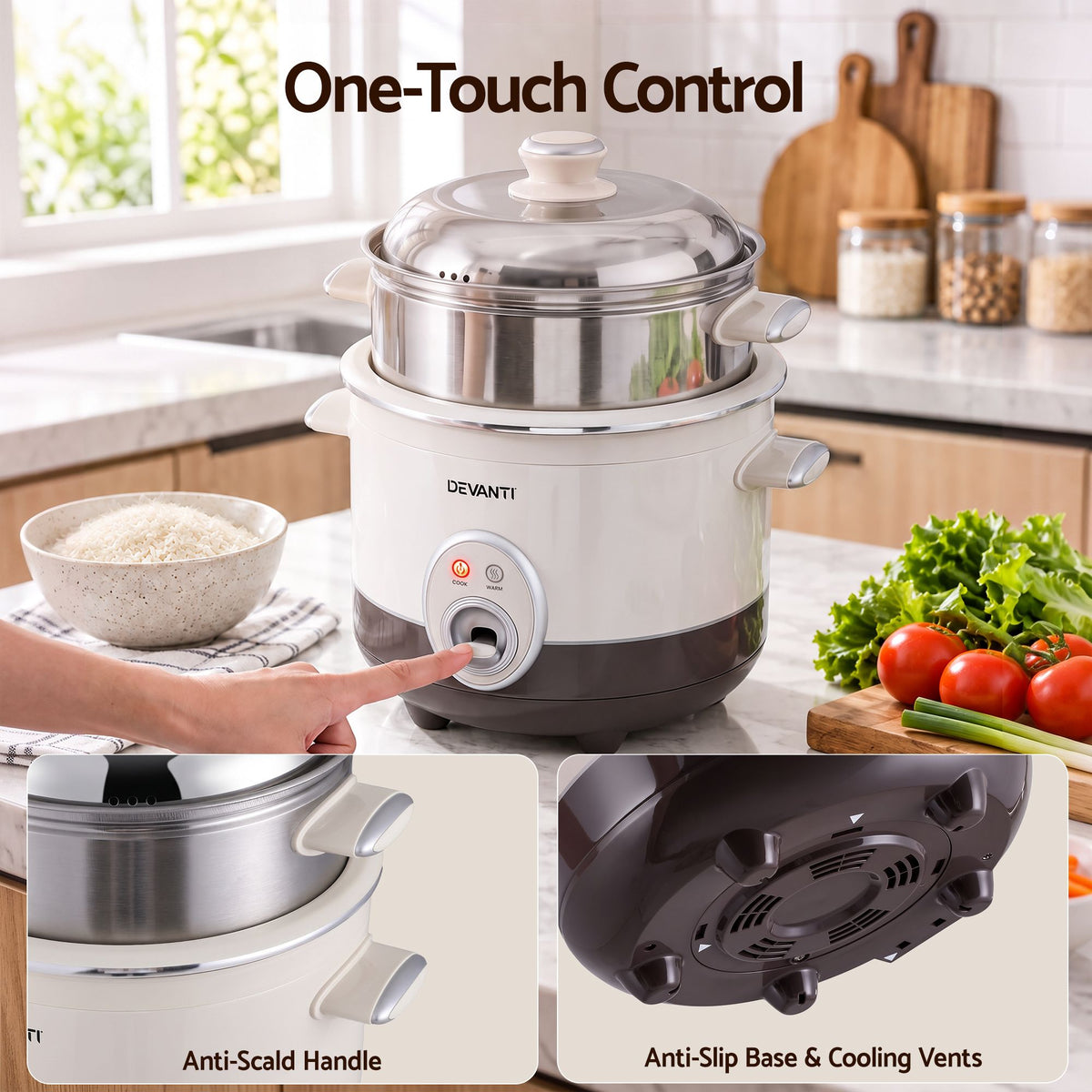 Devanti 3L Rice Cooker Small 6 Cup Multi Cooker with Steamer