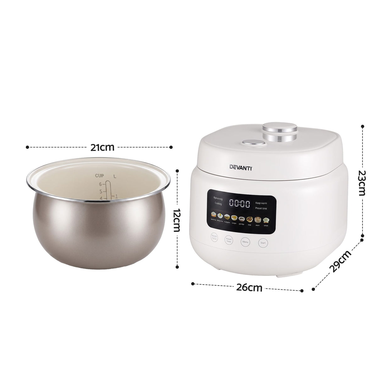 Devanti 3L Rice Cooker Small 6 Cup 8-in-1 Multi Cooker with 24H Preset Off-White
