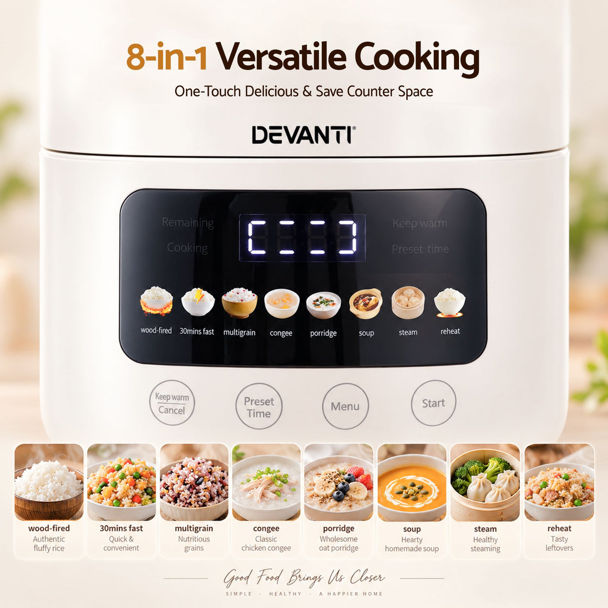 Devanti 3L Rice Cooker Small 6 Cup 8-in-1 Multi Cooker with 24H Preset Off-White