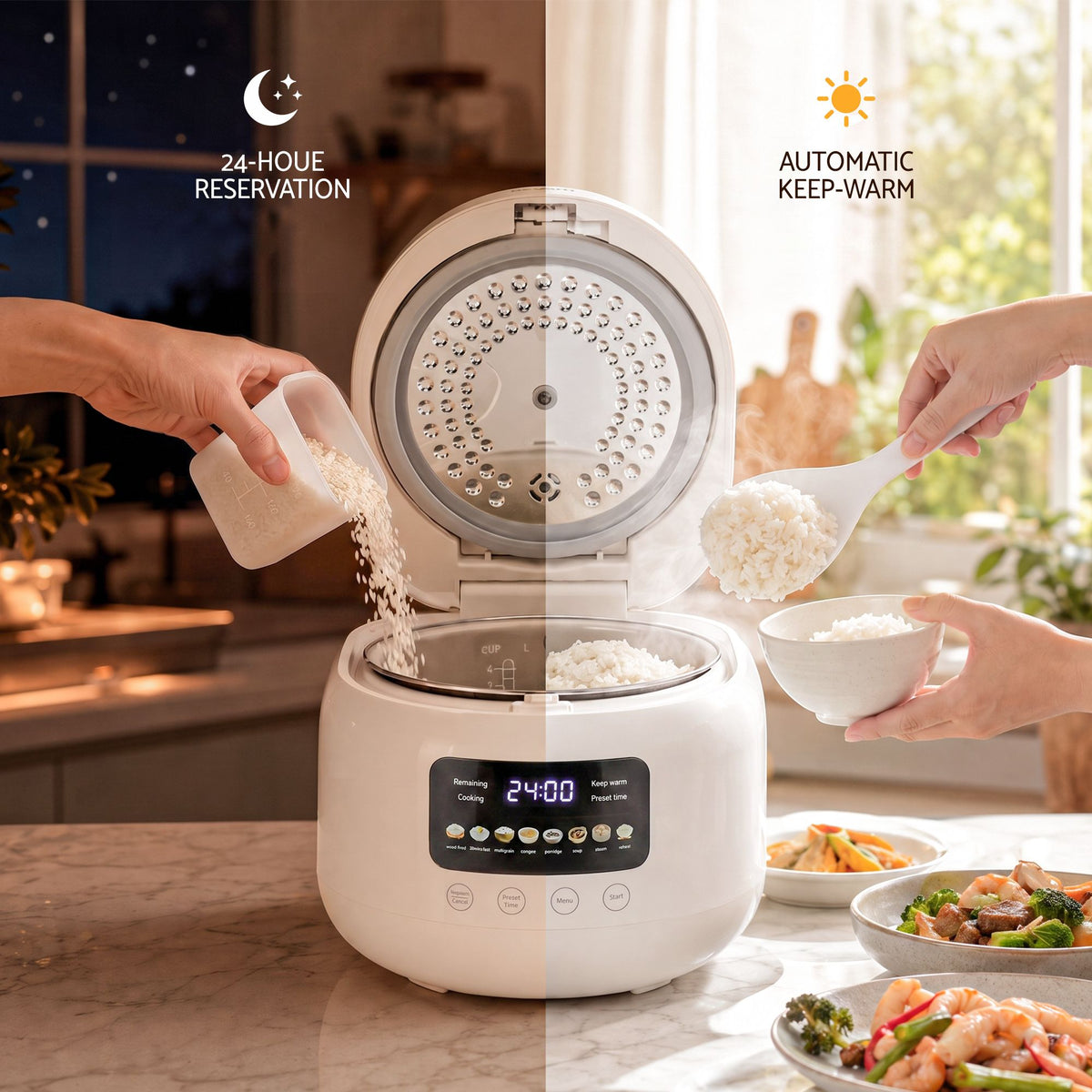 Devanti 3L Rice Cooker Small 6 Cup 8-in-1 Multi Cooker with 24H Preset Off-White