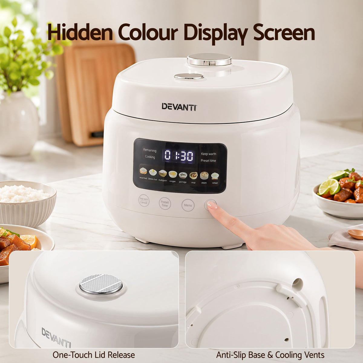 Devanti 3L Rice Cooker Small 6 Cup 8-in-1 Multi Cooker with 24H Preset Off-White