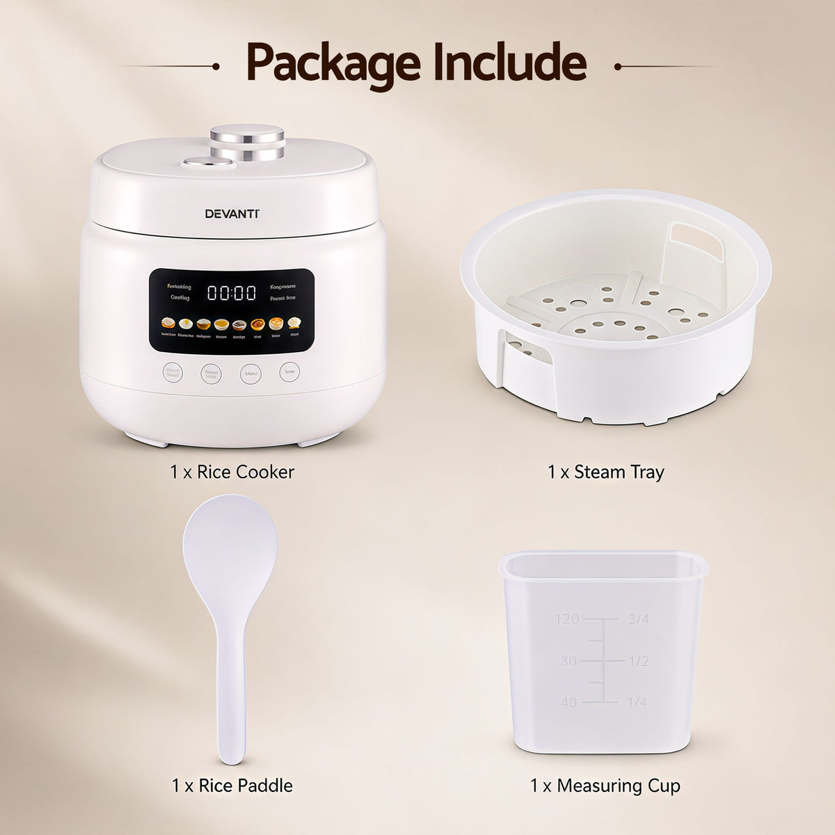 Devanti 3L Rice Cooker Small 6 Cup 8-in-1 Multi Cooker with 24H Preset Off-White