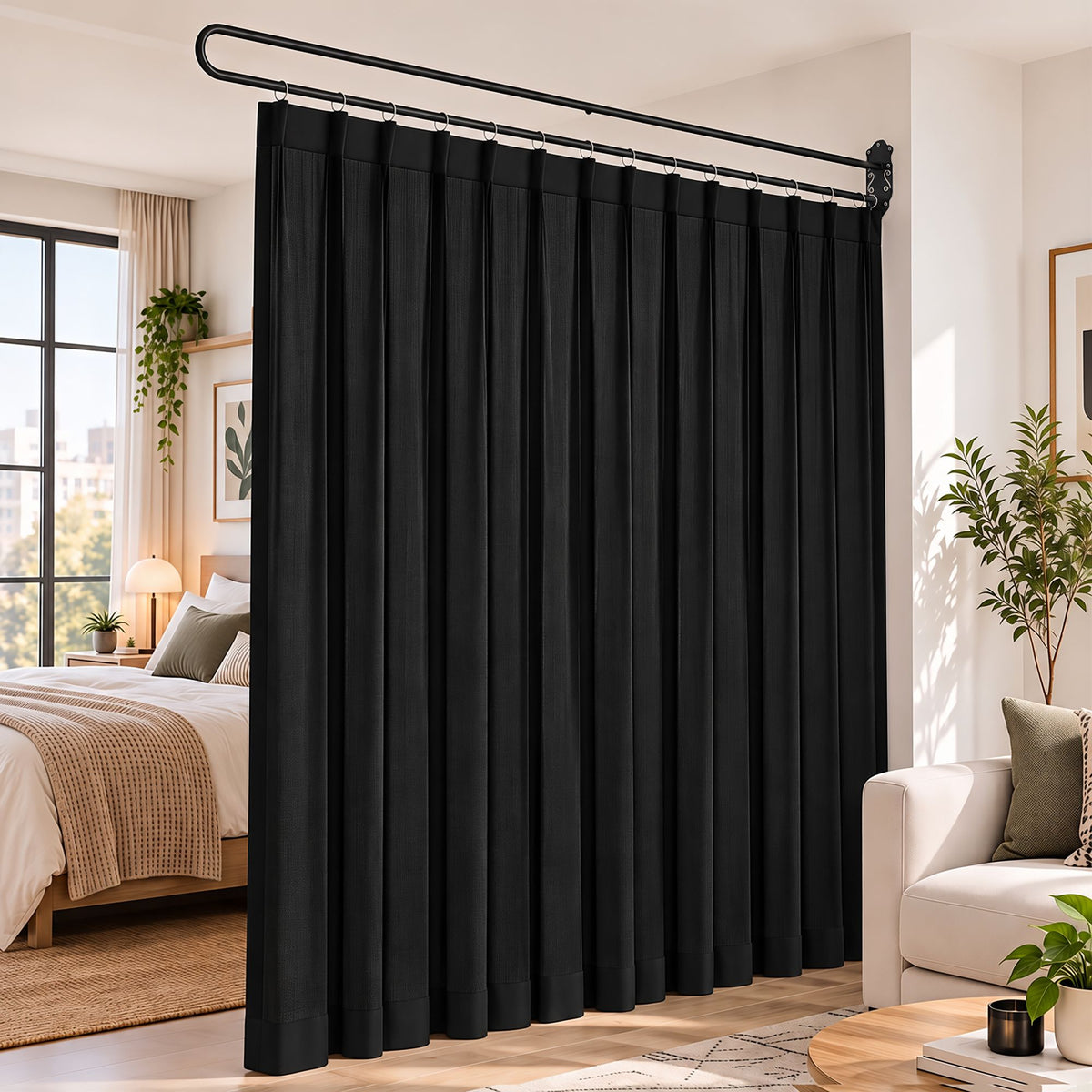 Artiss Room Divider Wall Mounted Hanging Curtain Partition Screen Black 200x220cm