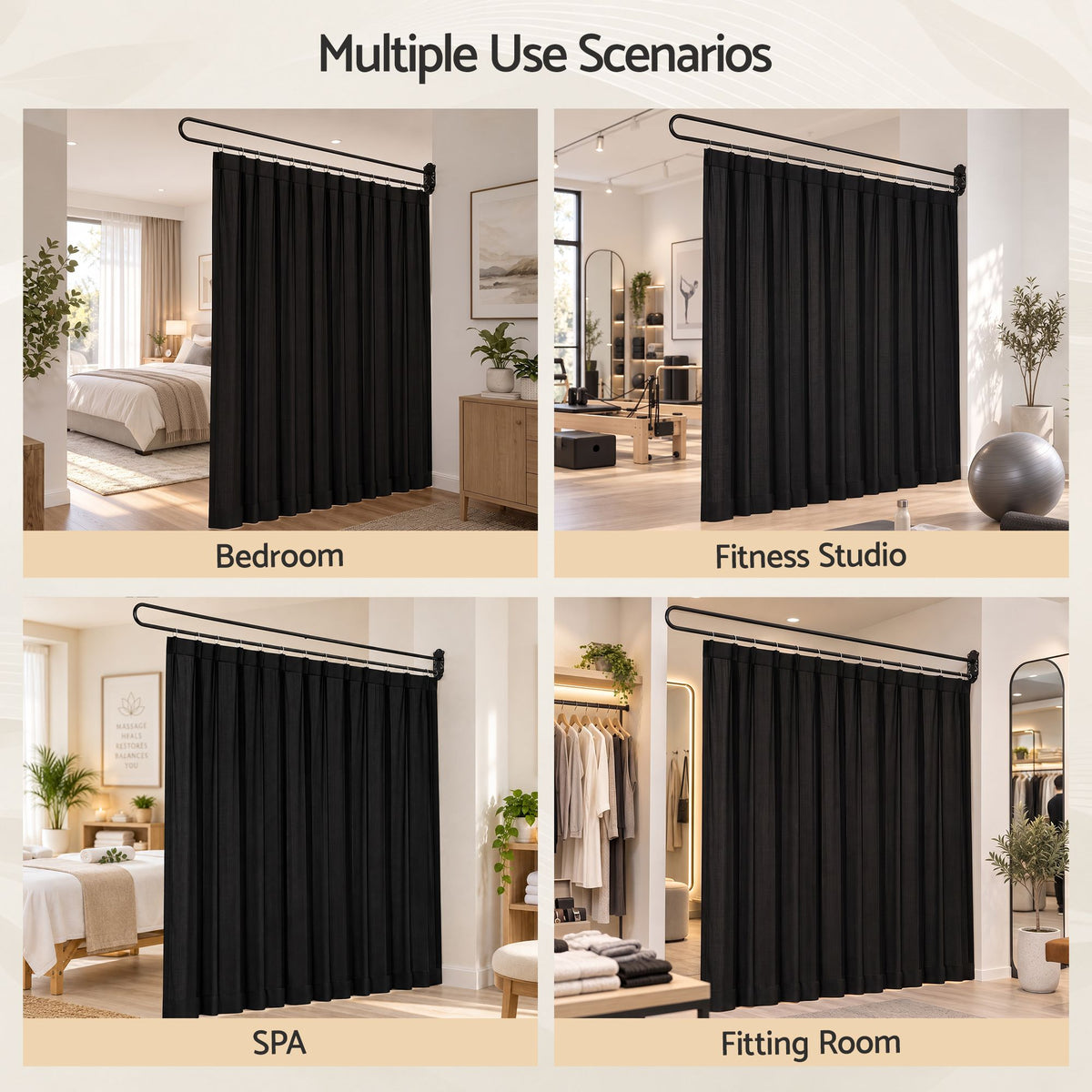 Artiss Room Divider Wall Mounted Hanging Curtain Partition Screen Black 200x220cm