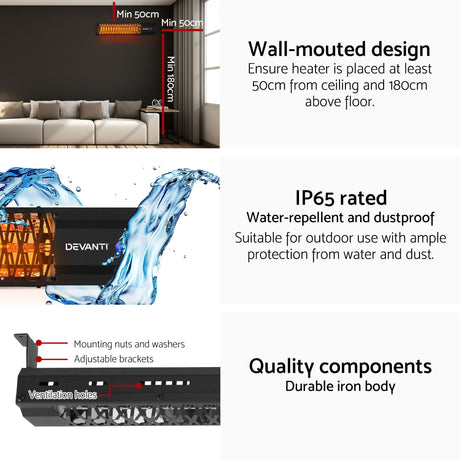Devanti 2PCS Electric Strip Heater Radiant Infrared Heaters 2000W - Shoppers Spot Appliances > Heaters > Patio Heaters - Alternate view 8