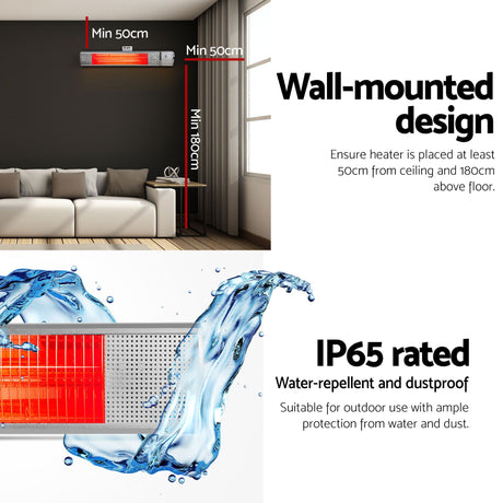 Devanti 2PCS Electric Strip Heater Radiant Infrared Heaters Remote Control 2000W - Shoppers Spot Appliances > Heaters > Patio Heaters - Alternate view 9