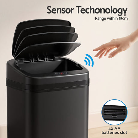 Devanti black touchless motion sensor bin, 15L.