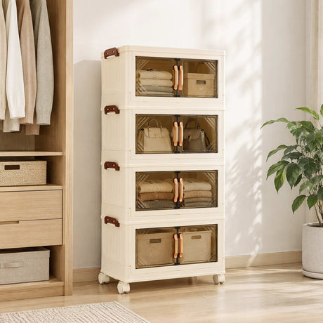 Artiss 4-tier foldable storage cabinet with clear magnetic doors in white