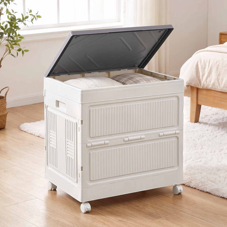 Artiss foldable stackable storage box with flip-top lid and wheels in white