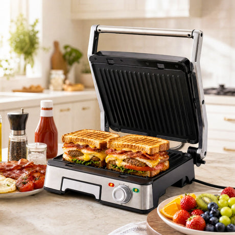 Panini press grill, 2000W, with a non-stick surface.